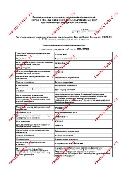 Фомичева Наталья Вячеславовна — Выписка из реестра о периодической аккредитации специалиста